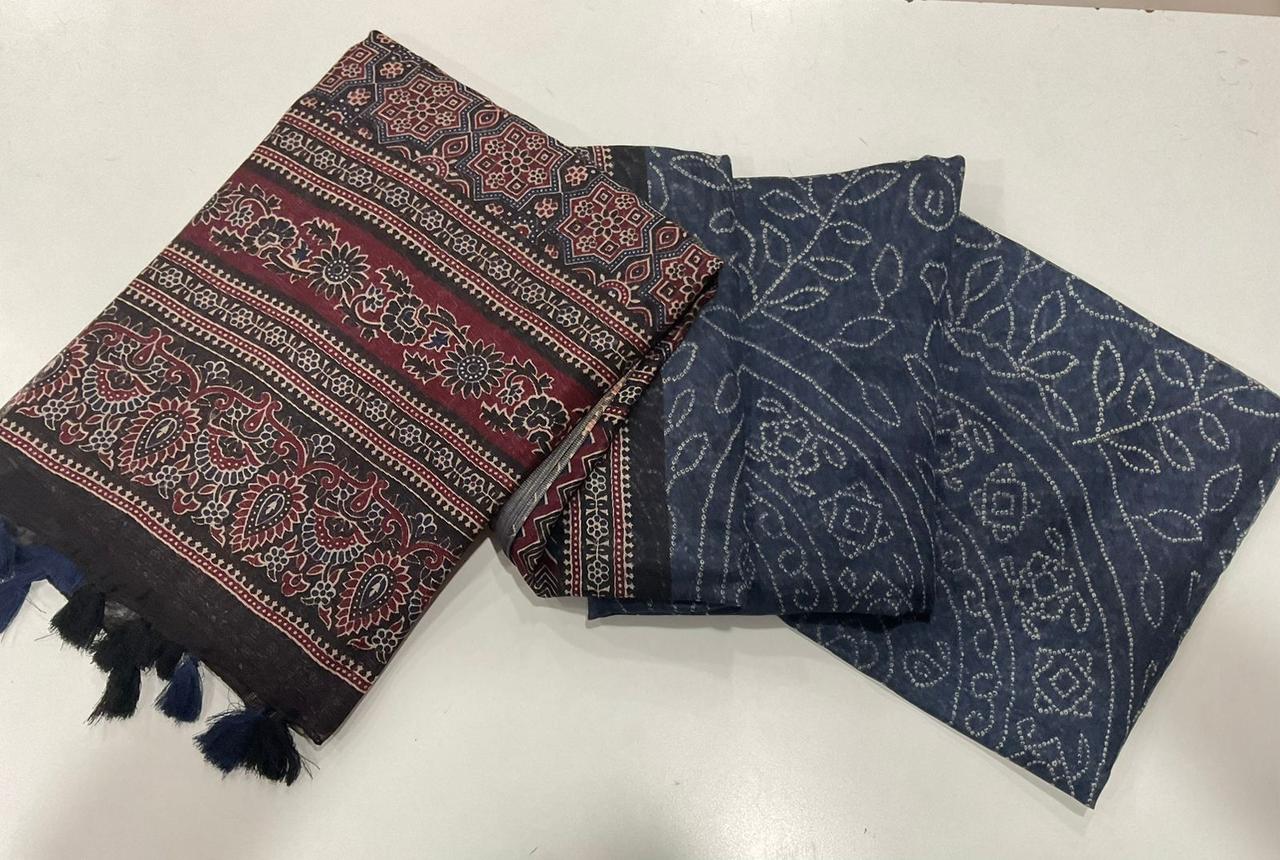 Linen Digital Print Saree With Ajrakh Print Pallu And Bandhani Print Cotton Saree